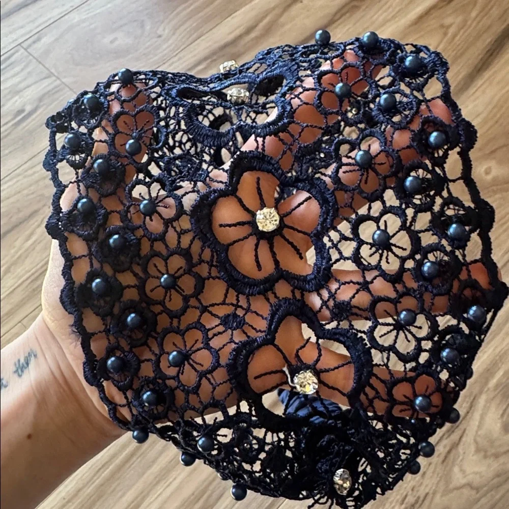 Elegant Navy Blue Beaded Lace Headband